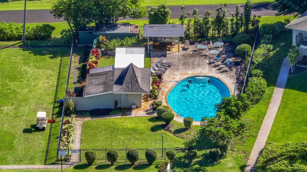 Aerial shot of the community pool with poolside loungers.