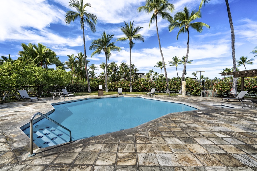 Seating around the pool with ample spacing