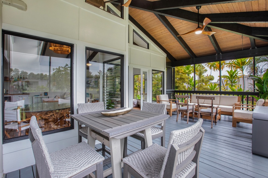 Gather for meals, morning coffee, or cocktails on the spacious covered lanai—ideal for entertaining or enjoying Kauai’s tropical breezes.
