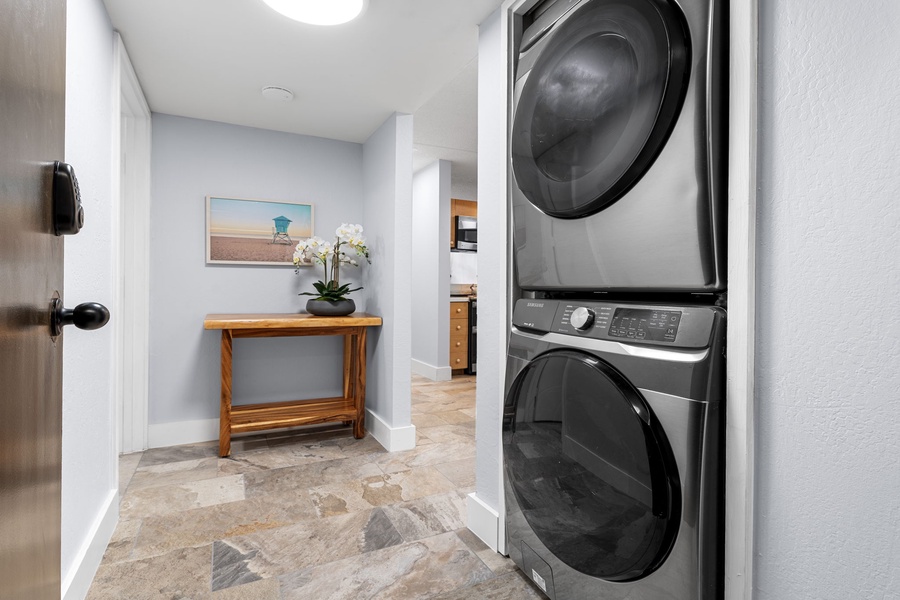 Convenient in-unit washer and dryer tucked away in a closet.
