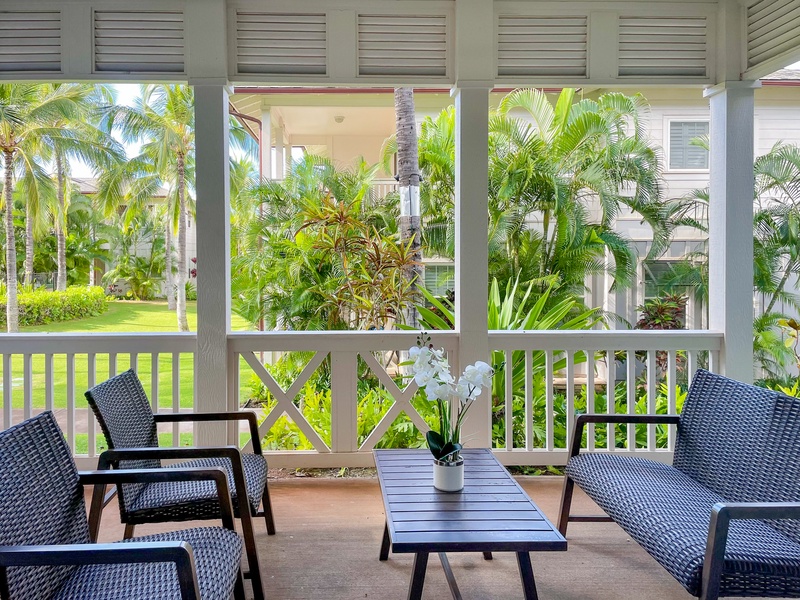 The tranquil backyard where you can relax and dine on the lanai.