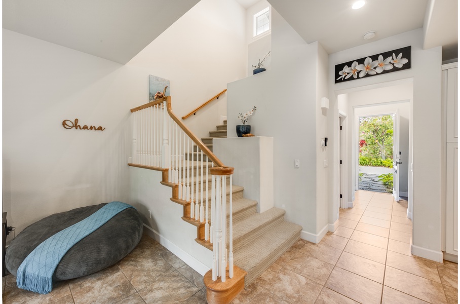 Staircase from ground floor open-plan living space to upstairs bedrooms
