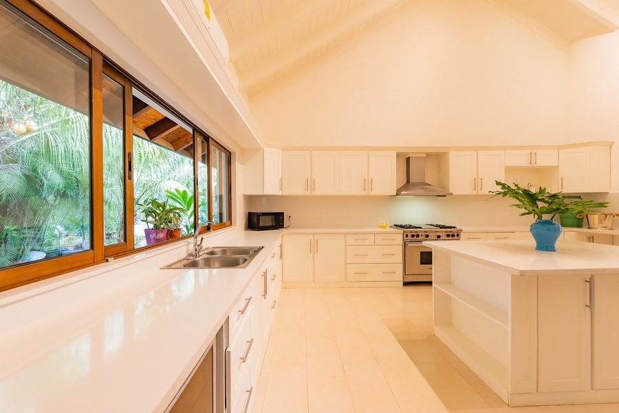 Cook in the sleek and modern kitchen with high ceilings, large windows, and top-of-the-line appliances.