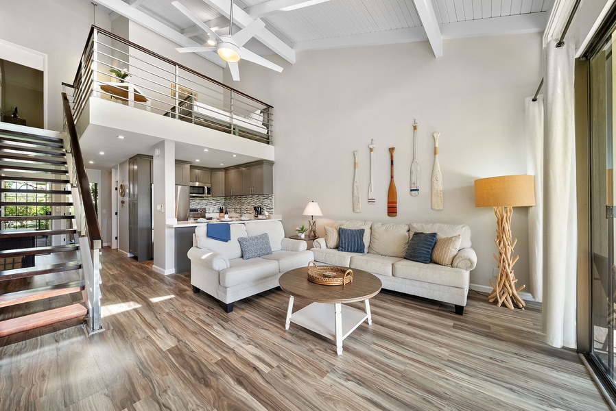 Living room with loft guest room.