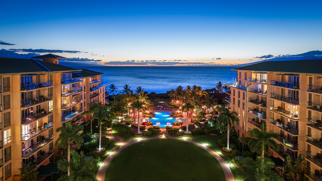 The view of Honua Kai facing the ocean at night.