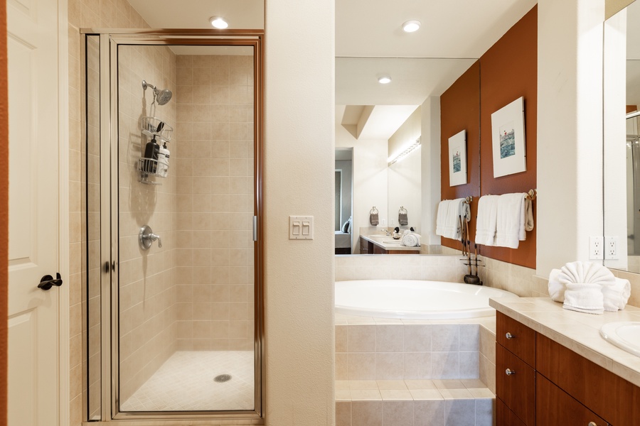 The En-suite Primary Bathroom has a walk in shower and soaking tub.