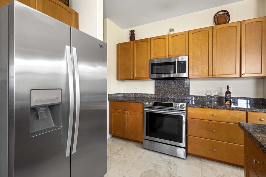 Savor culinary adventures in our fully-stocked kitchen with ample appliances and tools.