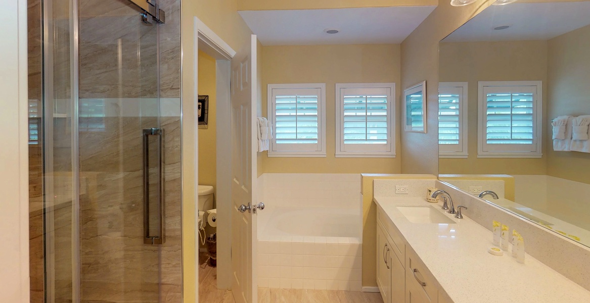 The primary guest bathroom with a walk-in shower and bathtub.