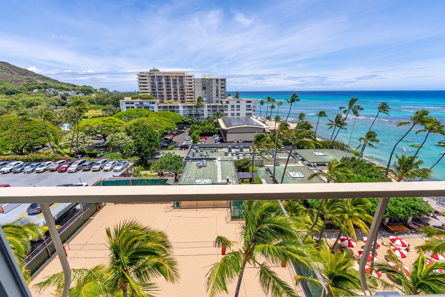 Bird’s-eye views of Waikiki’s shoreline and vibrant treetops create a tropical canvas just outside your window.