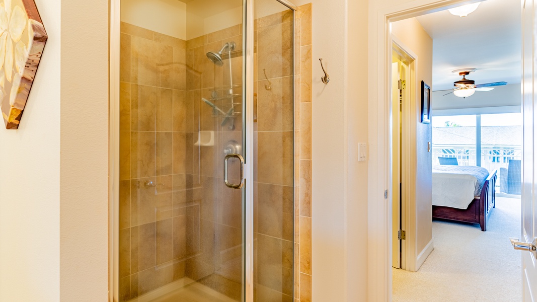 The primary guest bathroom with a walk-in shower.