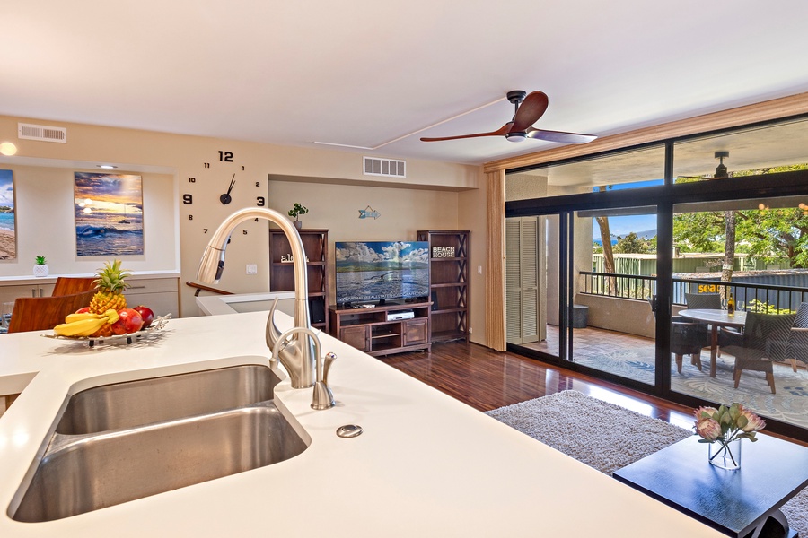 Enjoy ocean views from the kitchen while preparing meals in this open layout.