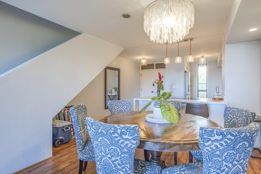 The dining area has a table for six.