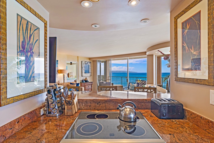 Royal Kahana 610's kitchen offers beautiful ocean views, so you can enjoy the scenery while cooking.