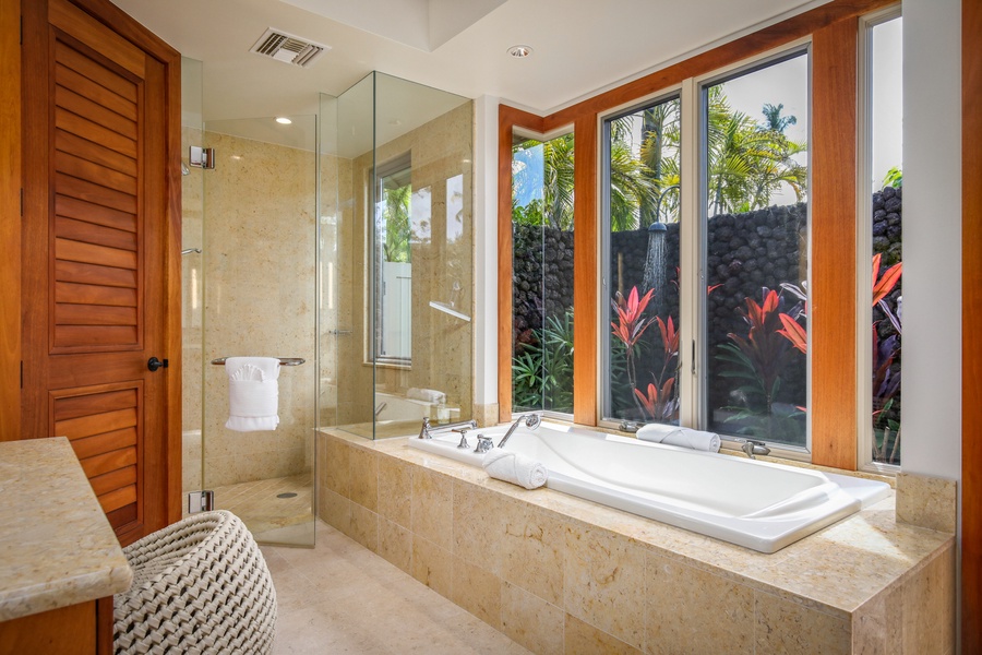 Soaking tub and walk-in shower.