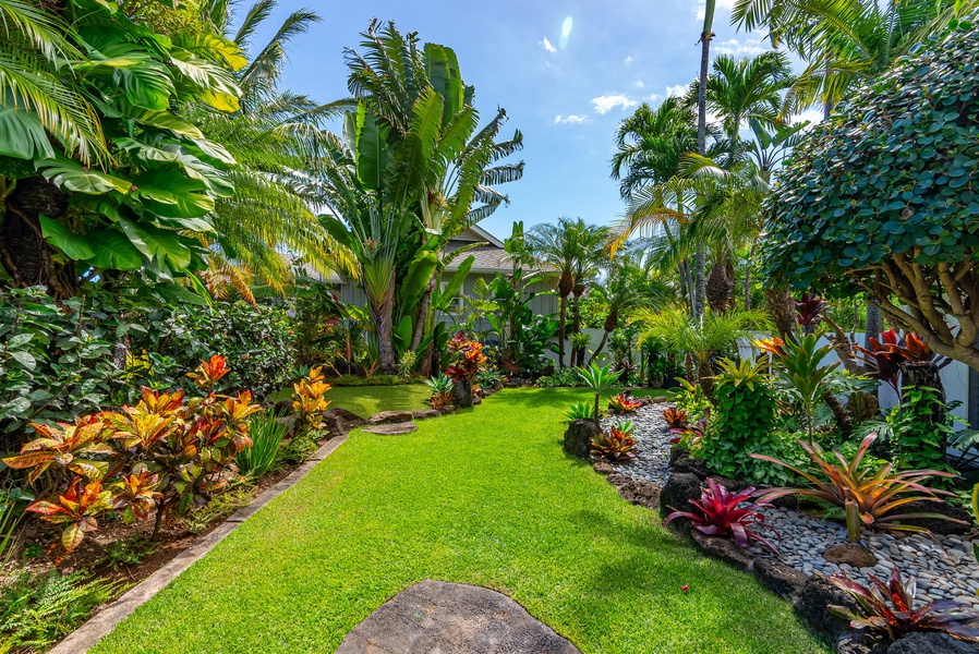 Surrounded by lush tropical flora.