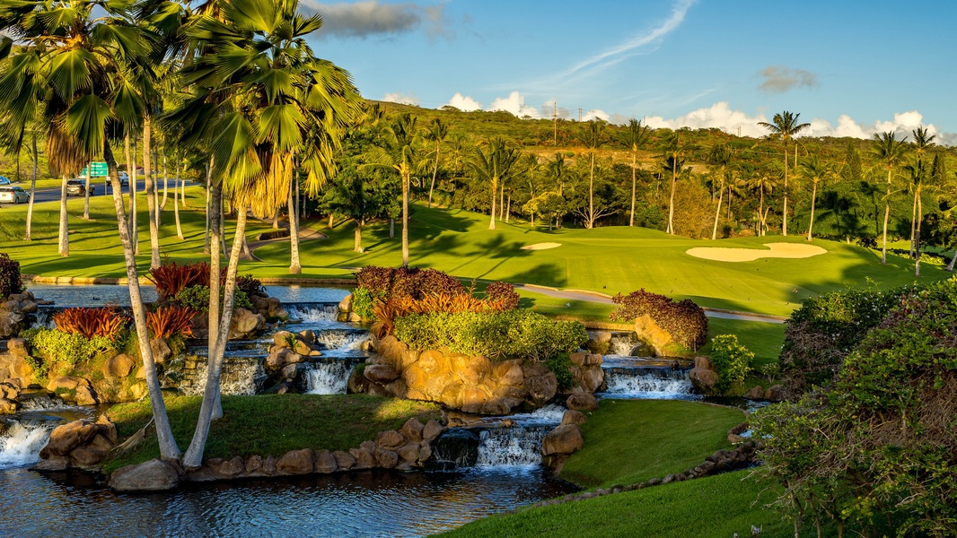The beautiful waterfalls at the golf course.