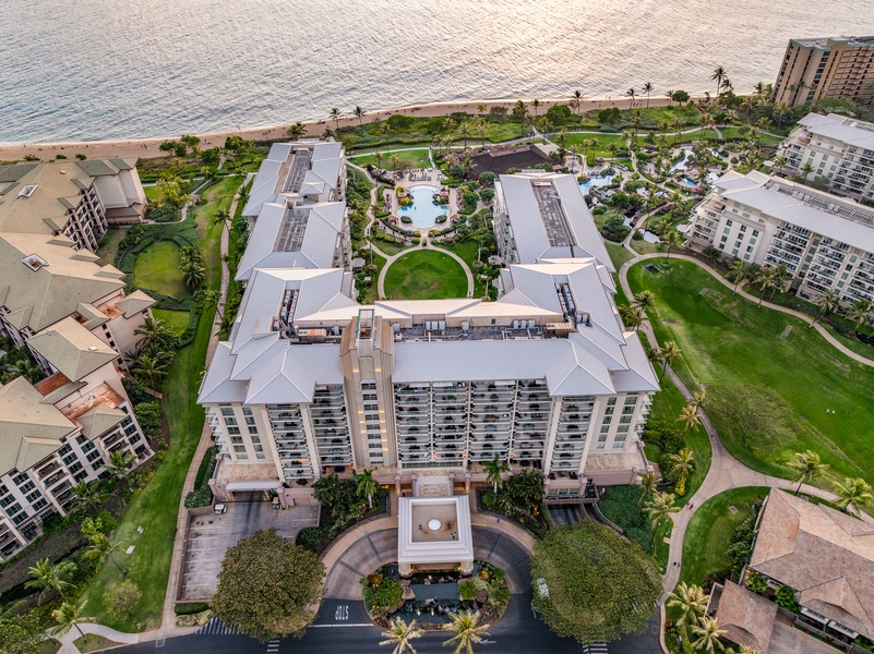 Aerial view reveals Honua Kai’s elegant architecture and lush landscape near Konea 204.