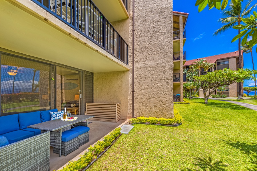 Enjoy the lanai of Papakea K-105, ground floor unit steps from the pacific ocean.