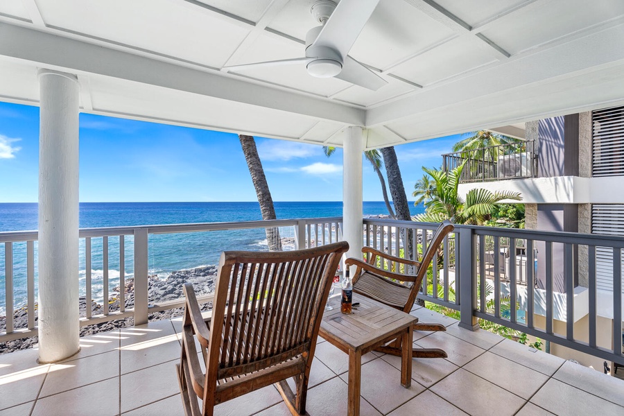 Oceanfront dining and seating area perfect for coffee, cocktails, and evening conversations.