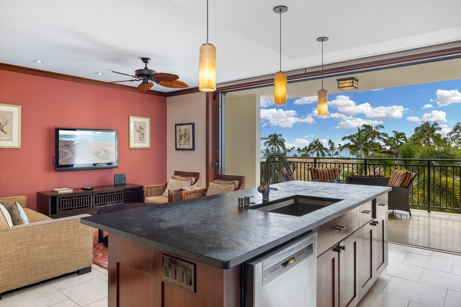 You have ocean views and ocean breezes from the kitchen and living areas.