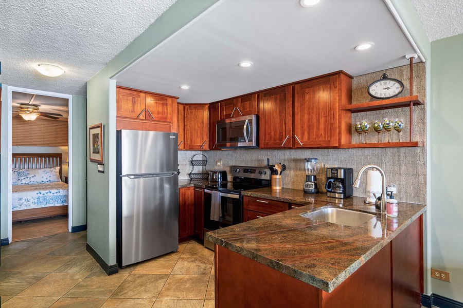 Fully-stocked kitchen with ample counter space for a convenient meal prep.