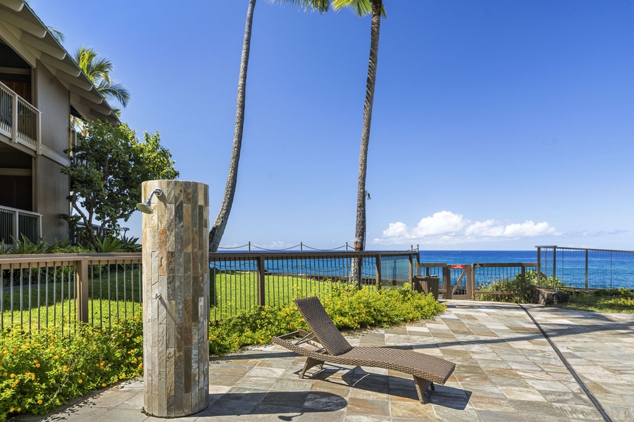Tropical beachfront property with palm trees and stunning ocean views under clear blue skies.
