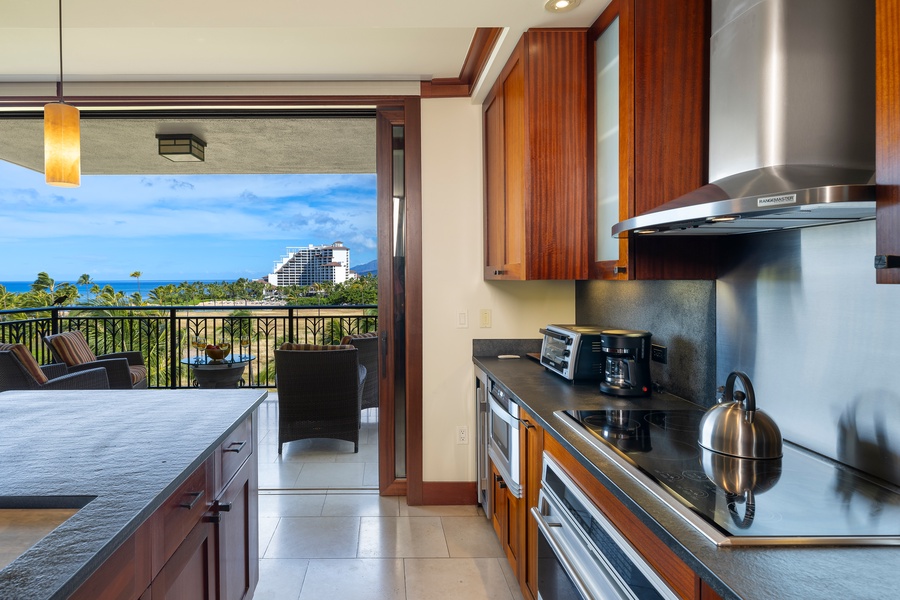 Every culinary adventure starts with panoramic views from this fully equipped kitchen.