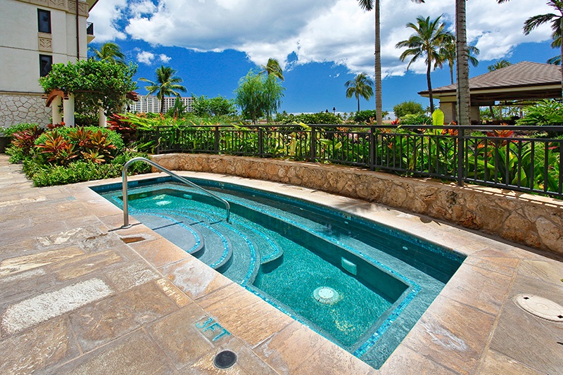 One of three hot tubs on the property surrounded by lush green palm trees.