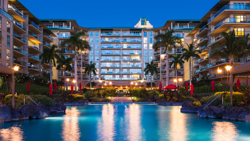 Honua Kai community area during twilight, featuring the full-service food and drinks are provided poolside by Dukes.