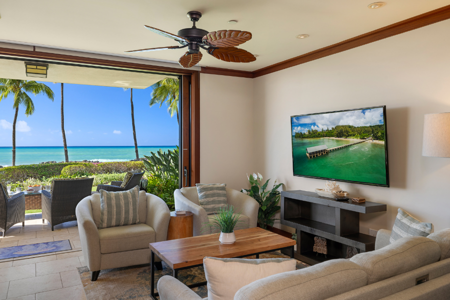 An inviting open-concept living space with ocean views.