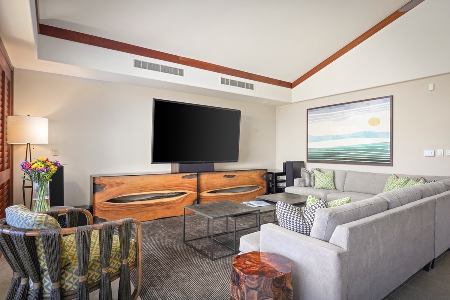 84” 8K resolution Sony Master Series flat screen television and stunning custom cabinetry.