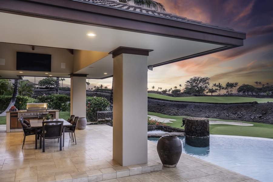 Unwind in your private outdoor dining space with BBQ grill and stunning golf course views, perfect for sunset entertaining.