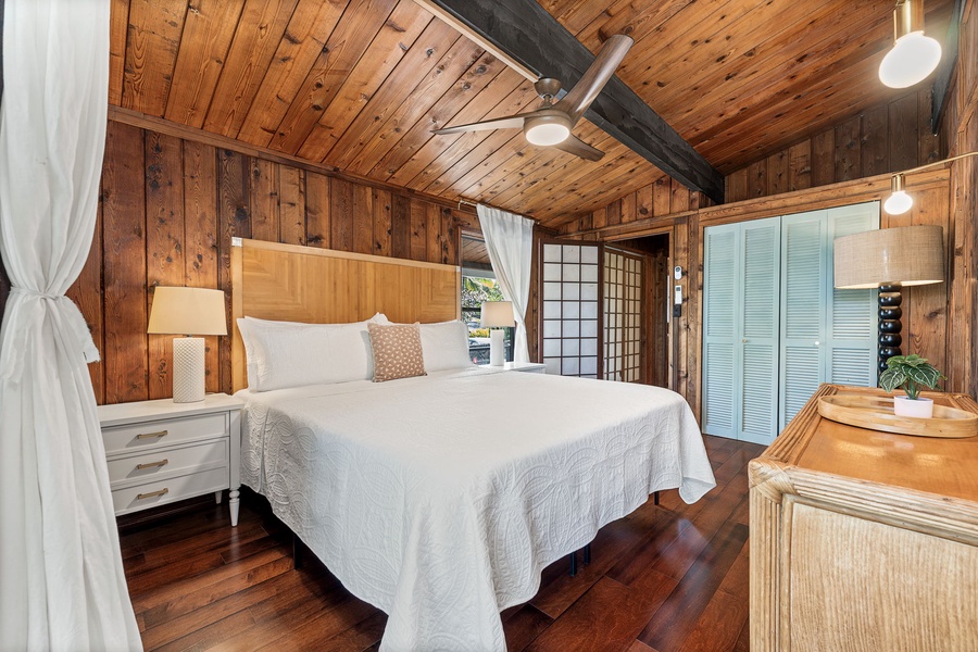 Rest peacefully in your wooden retreat, where warm timber walls and soft linens create the perfect cabin sanctuary.