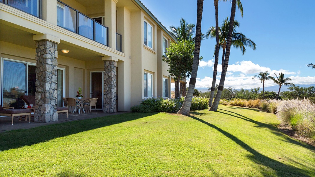 A large grassy area in front of your private lanai for your kids to enjoy playing or an area to sunbathe in the day or stargaze at night!