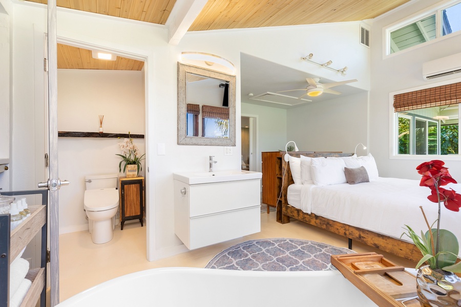 A spa-style ensuite bathroom with elegant finishes, perfect for unwinding after a beach day.