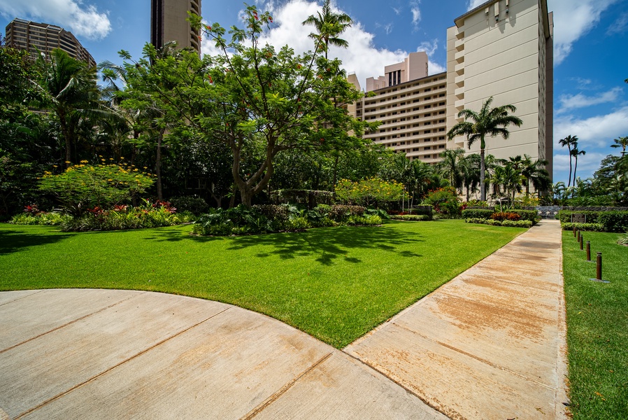 Explore the community area with paths and landscaping.