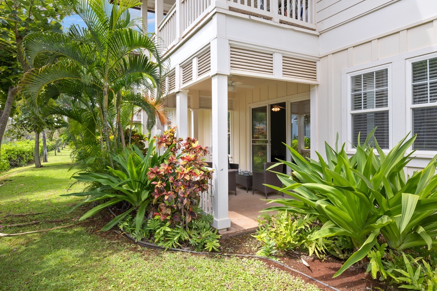 Private garden path leads to your island retreat, surrounded by lush Ko Olina greenery.