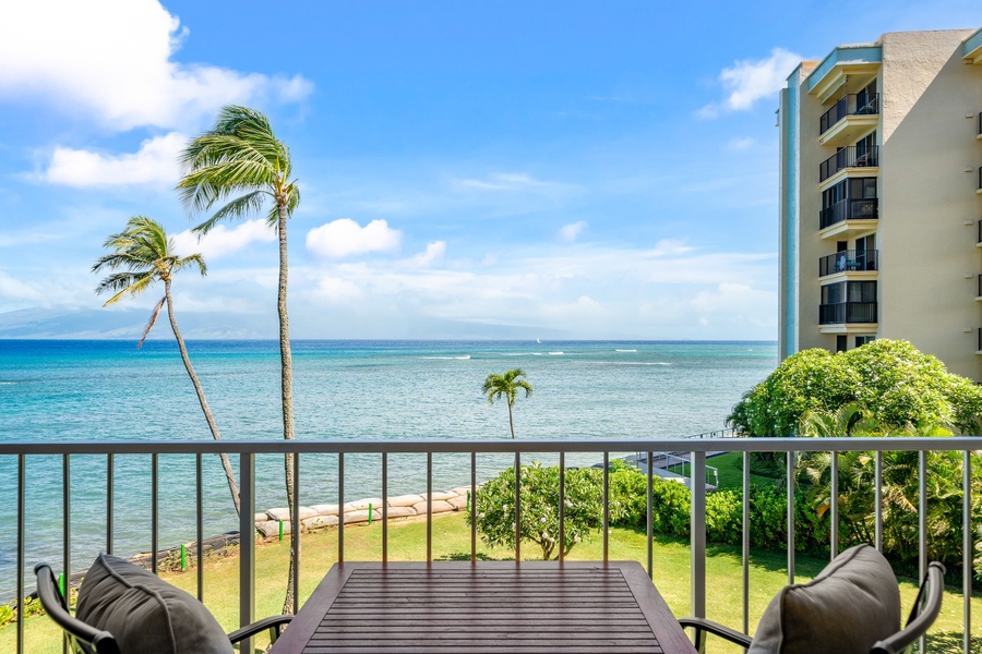 Gaze across the channel to Molokai from the lanai at Royal Kahana 308.