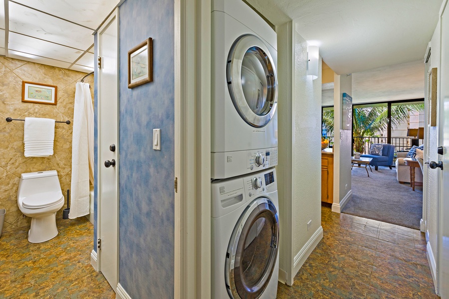 This unit features a convenient in-suite washer and dryer, making it easy to keep your wardrobe fresh throughout your stay.