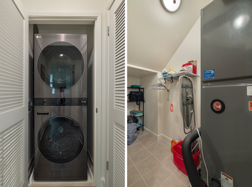 Your private laundry area features a stackable washer-dryer combo and handy storage space, making extended stays effortless.