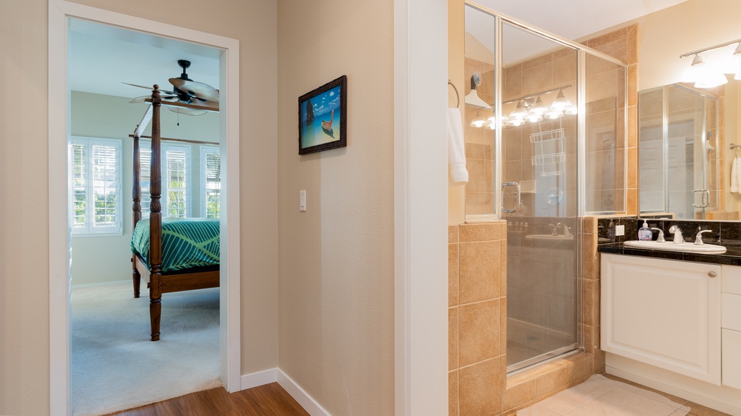 The primary guest bathroom with a walk-in shower.