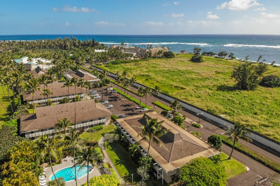 The community area of the condo with the shared pool.