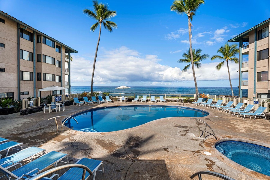 View of the Oceanfront Pool Area and Spa at the Kona Reef complex.