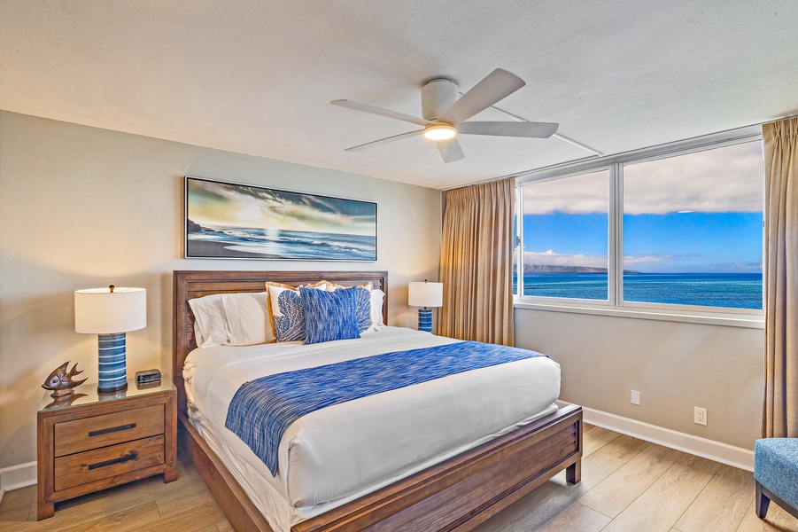 Wake up to breathtaking Pacific views from Royal Kahana 1010’s primary bedroom.