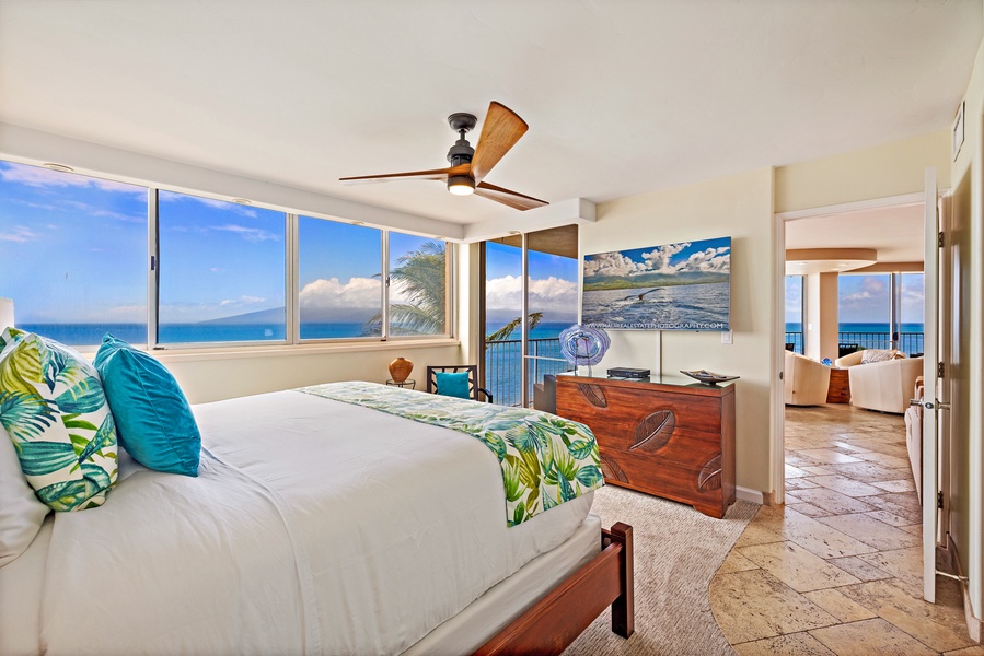 Wake up to stunning ocean views from the comfort of Royal Kahana 610's bright and airy primary bedroom.