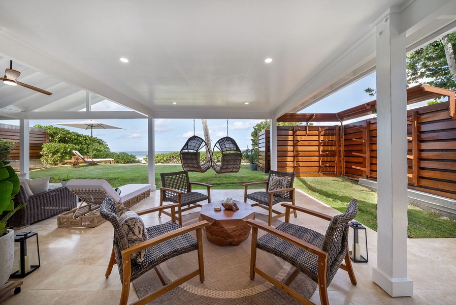 Lanai area with seating around the fire pit