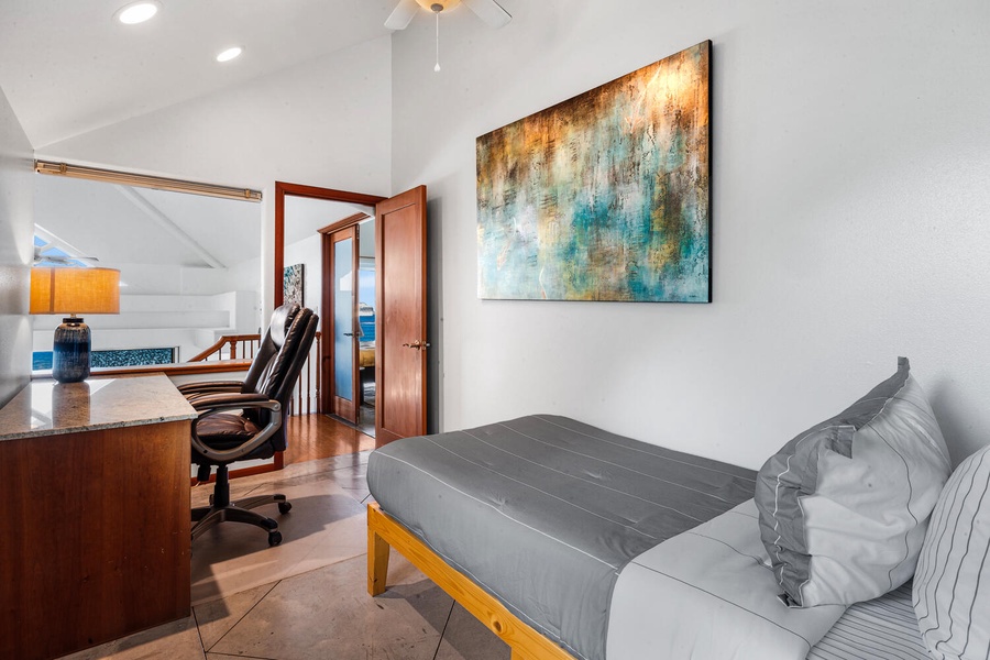 Loft twin bed offers flexible sleeping for families or remote workers needing extra space.