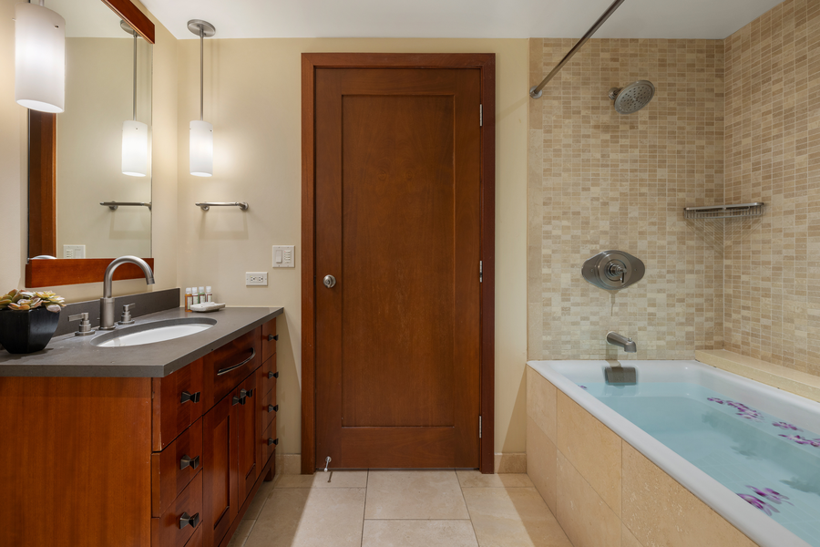 The guest bath features a shower/tub combination with storage and large vanity.