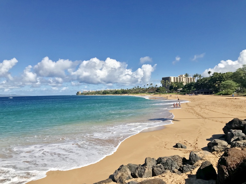 Beachfront near Maui Kaanapali Villas 292, with waves crashing and resorts in the distance.