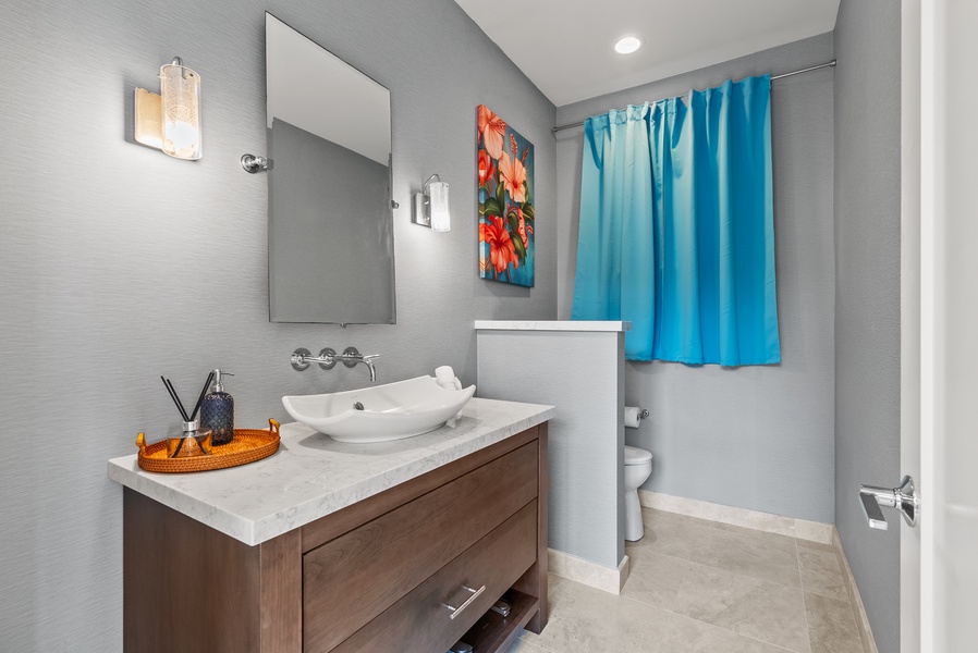 The lower-level chic powder room.